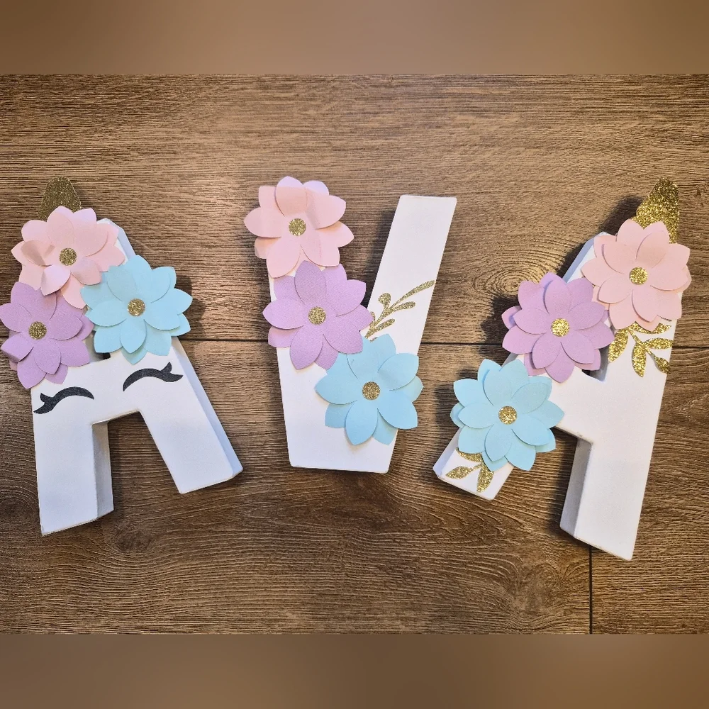 Custom AVA Decorative White Letters with Floral Accents and Unicorn Design